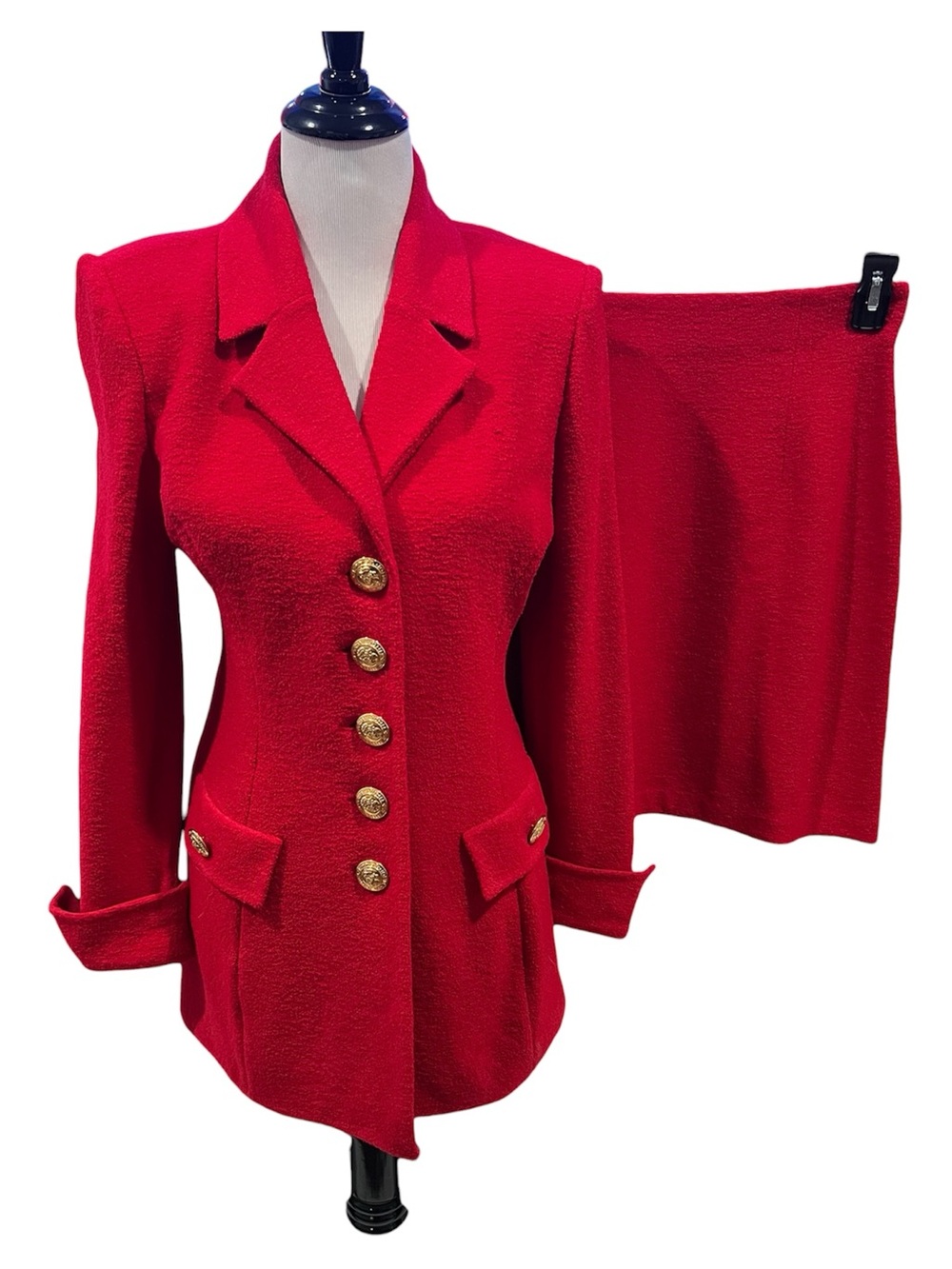Vintage St. John Knit Red Blazer Suit Set Skirt Gold Buttons